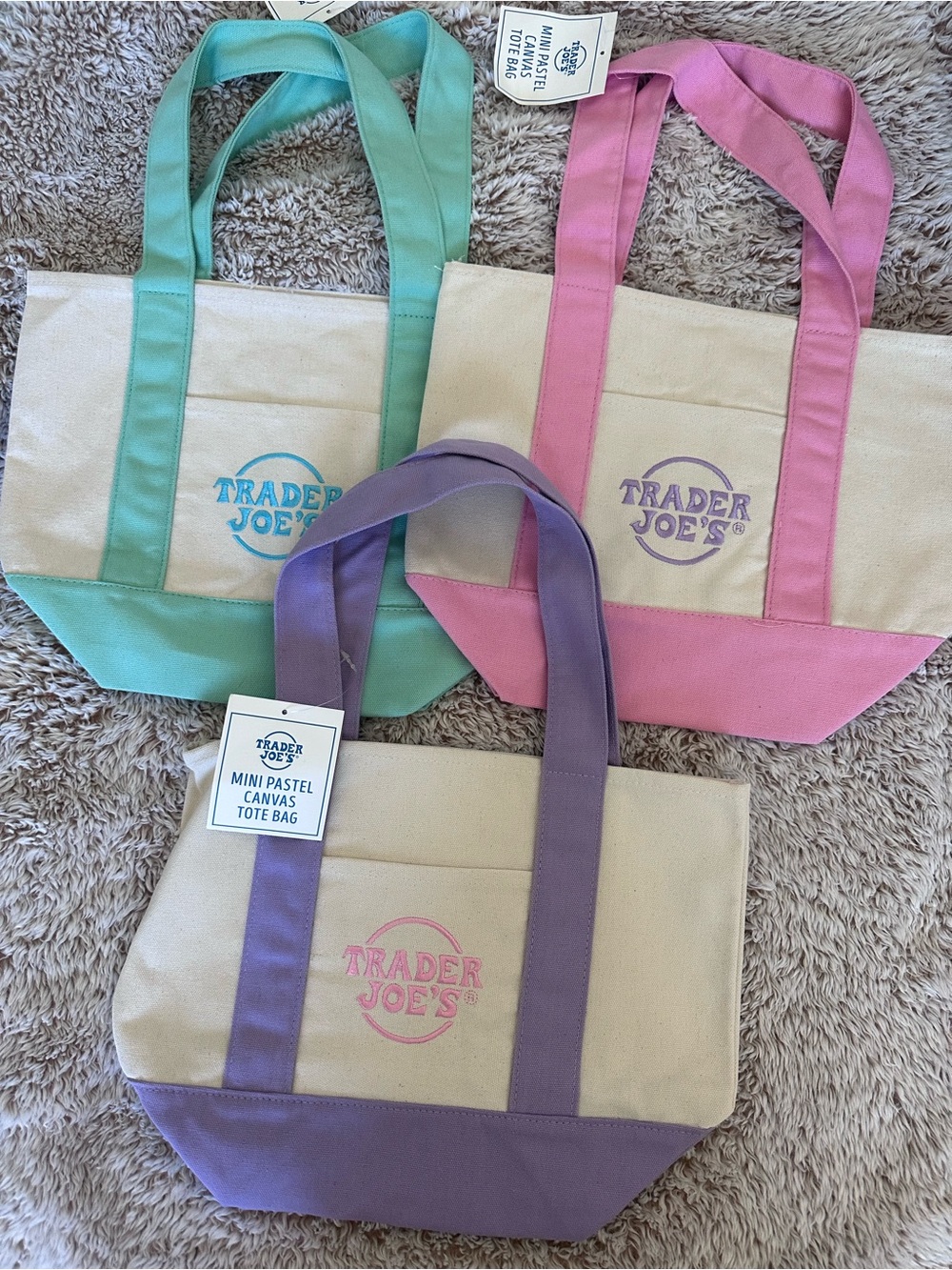 3 Trader Joe’s Mini Tote Bags -Pastel Colors